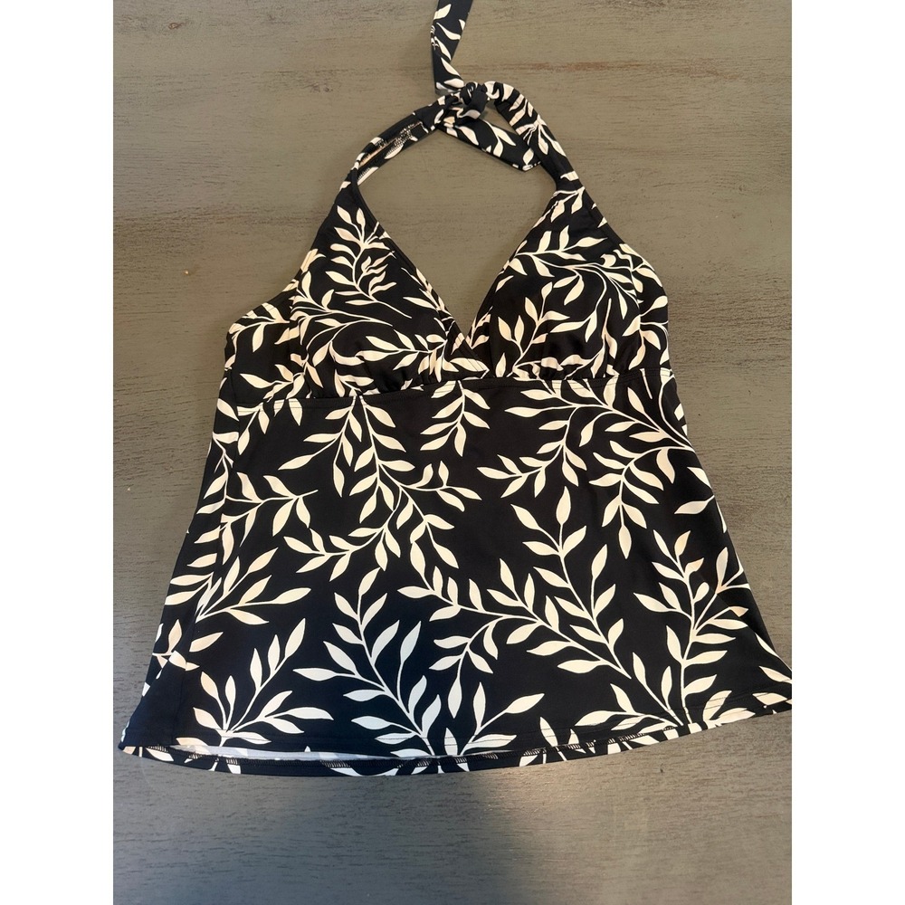 Lands' End Black White Leaf Print Halter Tankini Swim Top Size 8